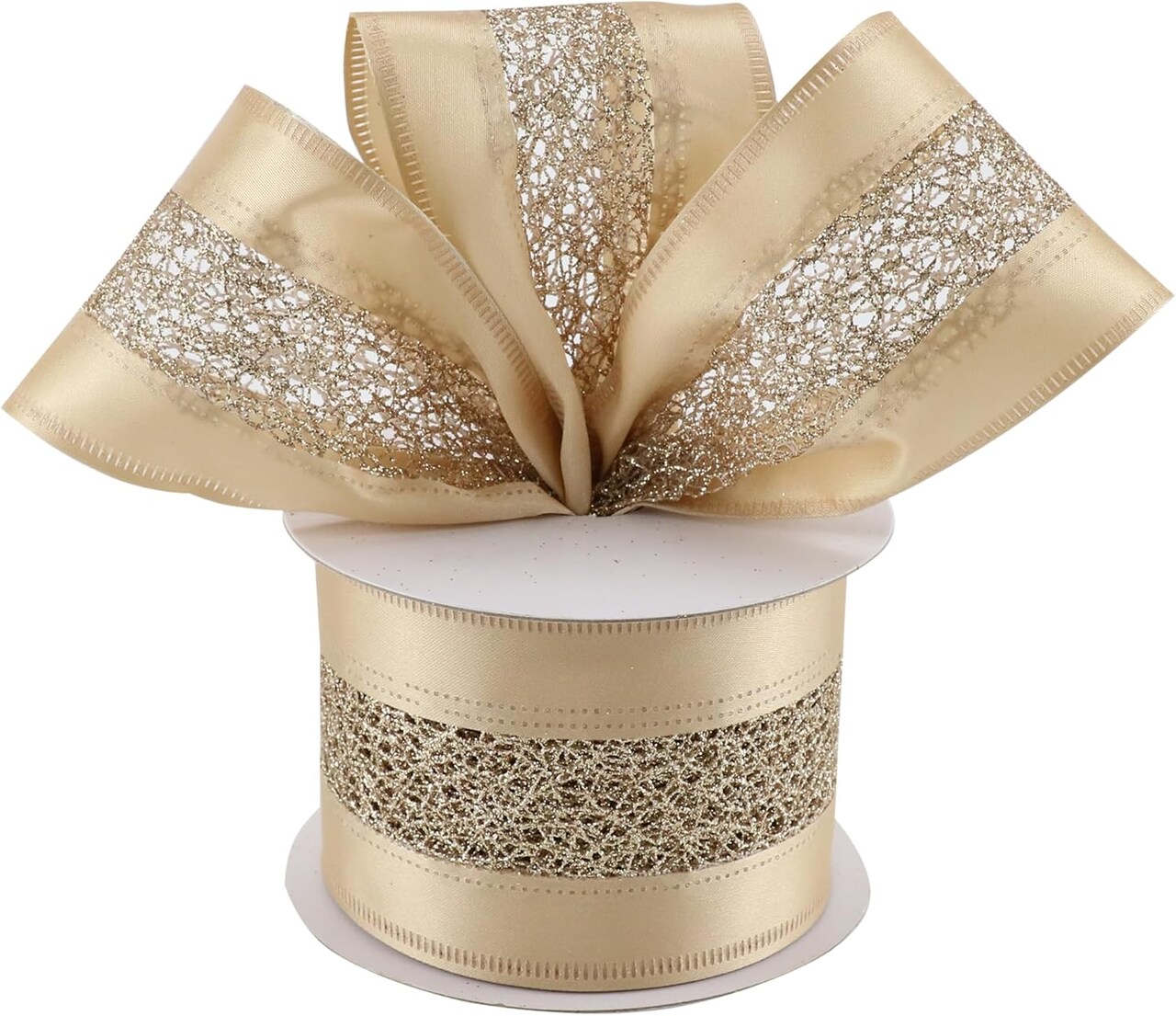 Champagne Gold Christmas Ribbon Wired 2.5" x 10 Yard Champagne Wired Satin Ribbon with Glitter Mesh Wired Ribbon for Christmas Tree Topper Bows, Wreaths, Crafts, Home Decor, Gift Wrapping